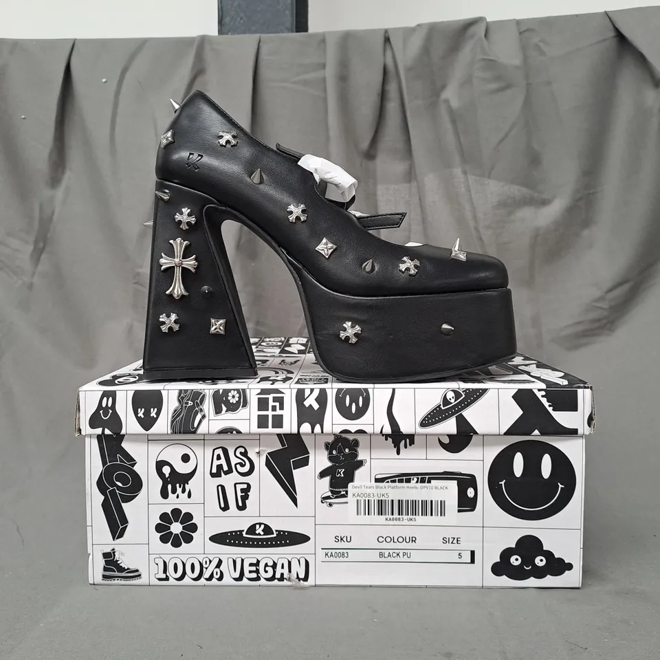 BOXED PAIR OF KOI VEGAN DEVIL TEARS PLATFORM HEELS IN BLACK UK SIZE 5