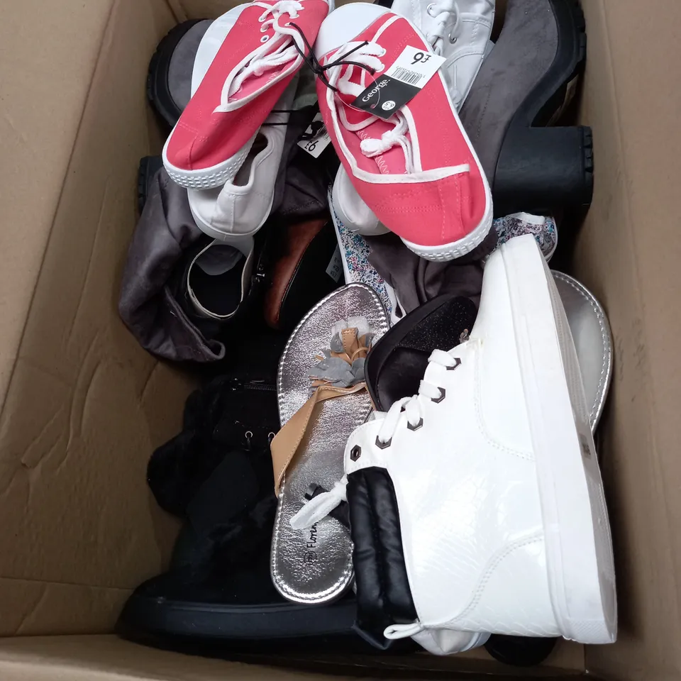 BOX OF APPROX 10 PAIRS OF ASSORTED WOMENS SHOES IN VARIOUS COLOURS, STYLES AND SIZES