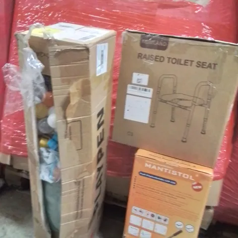 PALLET OF ASSORTED HOUSEHOLD GOODS AND PRODUCTS TO INCLUDE;PLAYPEN,RAISED TOILET SEAT,MANTISTOL