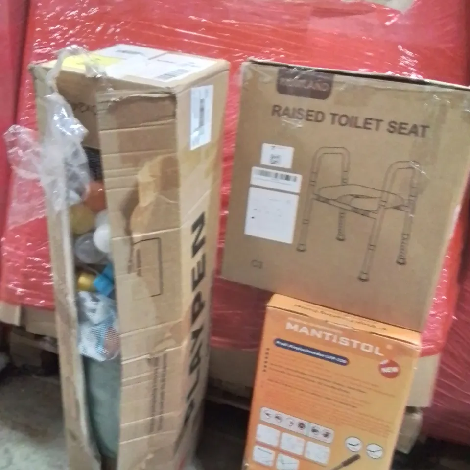 PALLET OF ASSORTED HOUSEHOLD GOODS AND PRODUCTS TO INCLUDE;PLAYPEN,RAISED TOILET SEAT,MANTISTOL