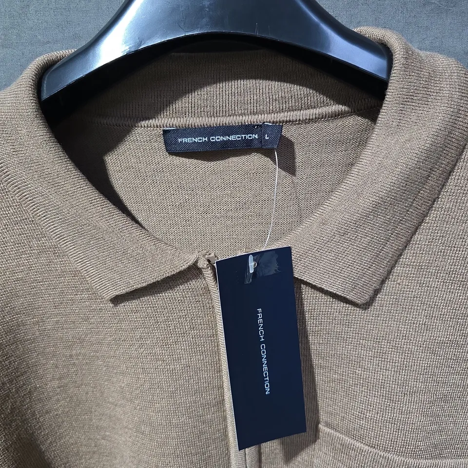 FRENCH CONNECTION CAMEL MEL ZIP-FRONT JACKET, SIZE L