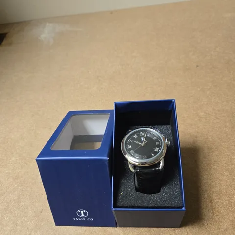 TALIS CO. WRISTWATCH – BLACK DIAL, BLACK LEATHER STRAP, IN BLUE PRESENTATION BOX