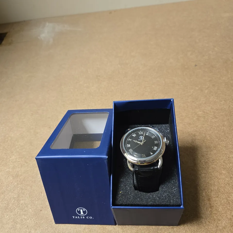 TALIS CO. WRISTWATCH – BLACK DIAL, BLACK LEATHER STRAP, IN BLUE PRESENTATION BOX