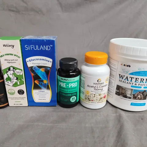APPROX 10 ASSORTED ITEMS TO INCKUDE -  GLUCOSAMINE MASSAGE CREAM, PREBIOTIC CAPSULES, ACETYL-L-CARNITINE SUPPLEMENT, PLUS A LARGE WATERPROOF SEALANT TUB