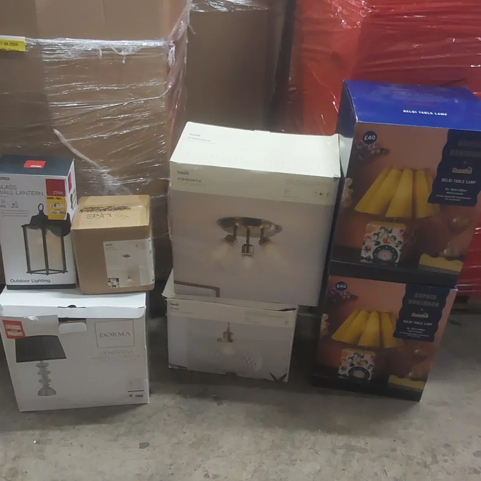 PALLET CONTAINING A VERY LARGE QUANTITY OF ASSORTED DESIGNER LIGHTING PRODUCTS TO INCLUDE: TABLE LAMPS, CEILING LIGHTS, WALL LANTERN ECT