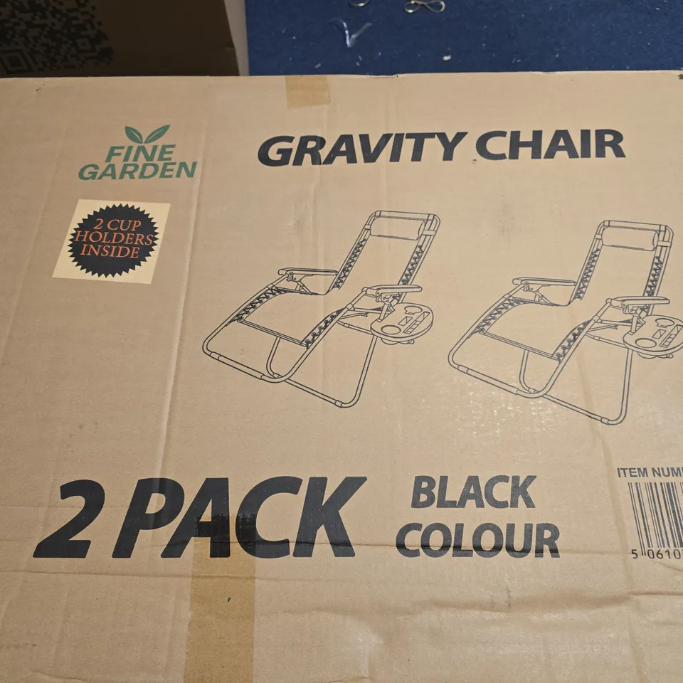 BOXED FINE GARDEN GRAVITY CHAIR PAIR IN BLACK