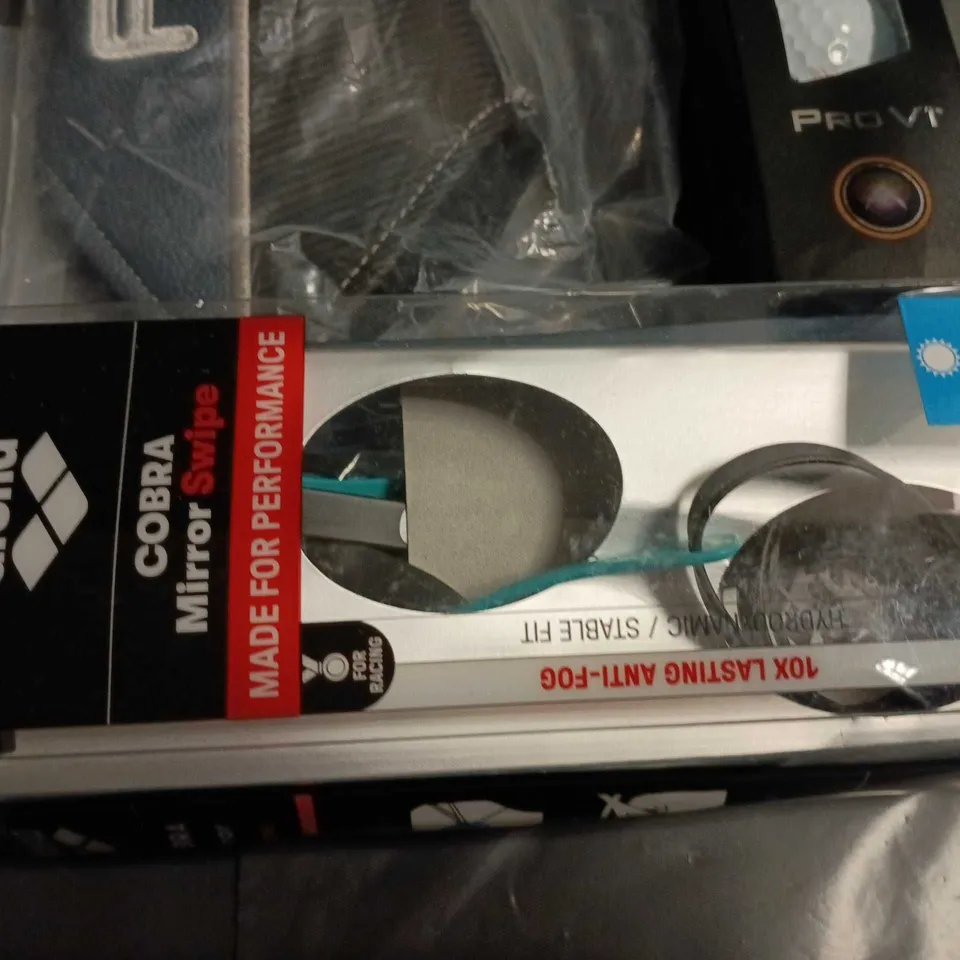 LOT OF 6 ASSORTED SPORTS ITEMS TO INCLUDE ZUVO RESISTANCE LOOP BAND PACK OF 5, PING-BRANDED BAG, COBRA MIRROR SWING, TITLEIST PRO V1 BALLS, ARENA SWIM GEAR, SPEEDO GOGGLES