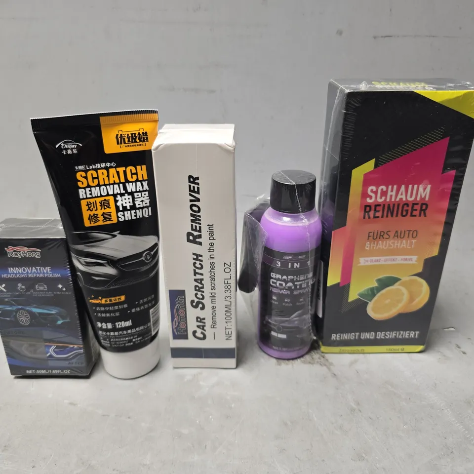 APPROXIMATELY 8 ASSORTED ITEMS TO INCLUDE - SCRATCH REMOVAL WAX , CAR SCRATCH REMOVER , RAYHONG INNOVATIVE HEADLIGHT REPAIR POLISH ETC