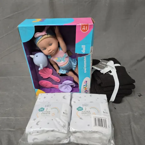 LARGE BOX OF APPROXIMATELY 15 ASSORTED HOMEWARE ITEMS TO INCLUDE TOYS, BABY FITTED SHEETS AND TEA TOWELS - COLLECTION ONLY