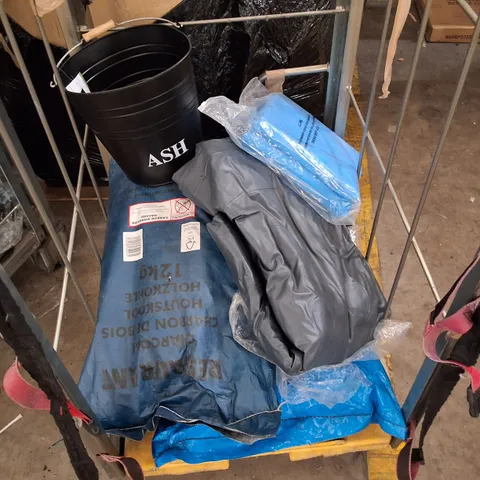 CAGE CONTAINING ASSORTED PRODUCTS INCLUDING CHARCOAL BAGS, ASH BUCKET & VINYL PLASTIC REPAIR KIT