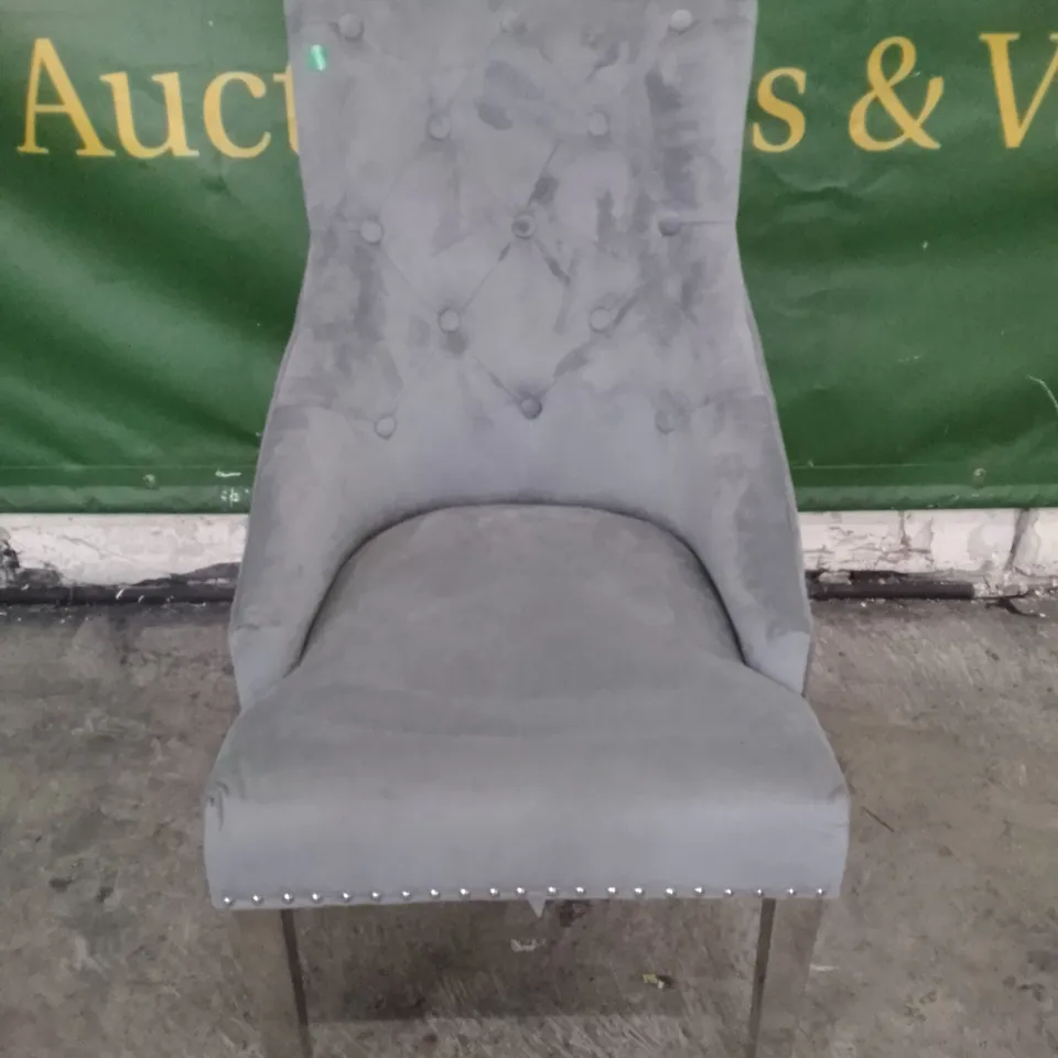 IMPERIAL GREY VELVET BUTTON BACK DINING CHAIR WITH CHROME LEGS