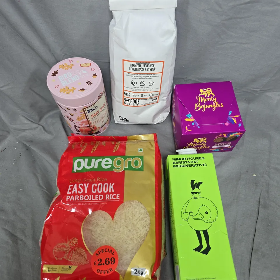 APPROXIMATELY 5 ASSORTED FOOD/DRINK PRODUCTS TO INCLUDE PUREGRO RICE, EDGE TEA, CHOCOLATE TRUFFLES ETC 