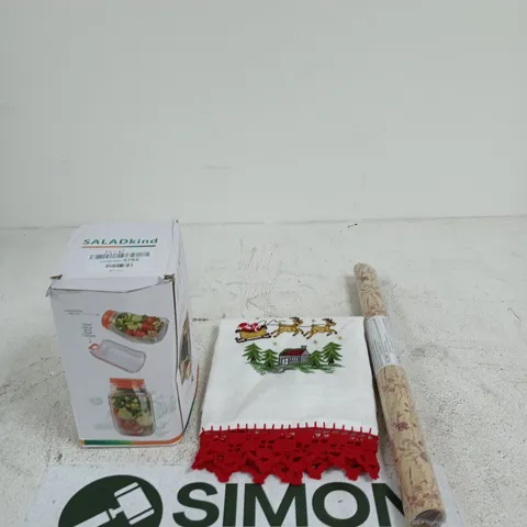 APPROXIMATELY 15 ASSORTED HOUSEHOLD PRODUCTS TO INCLUDE A CHRISTMAS TEA TOWEL, WRAPPING PAPER AND A PORTABLE SALAD POD