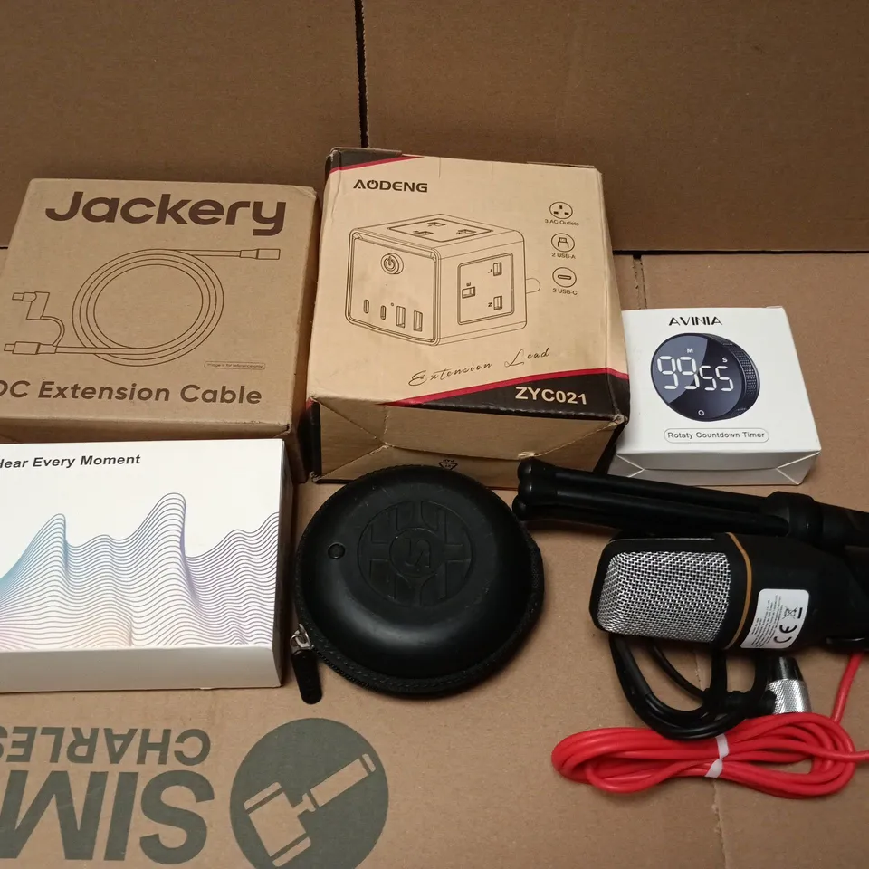 APPROX 10 ASSORTED ITEM TO INCLUDE COUNTDOWN TIMER, EXTENSION CABLE AND MICROPHONE 