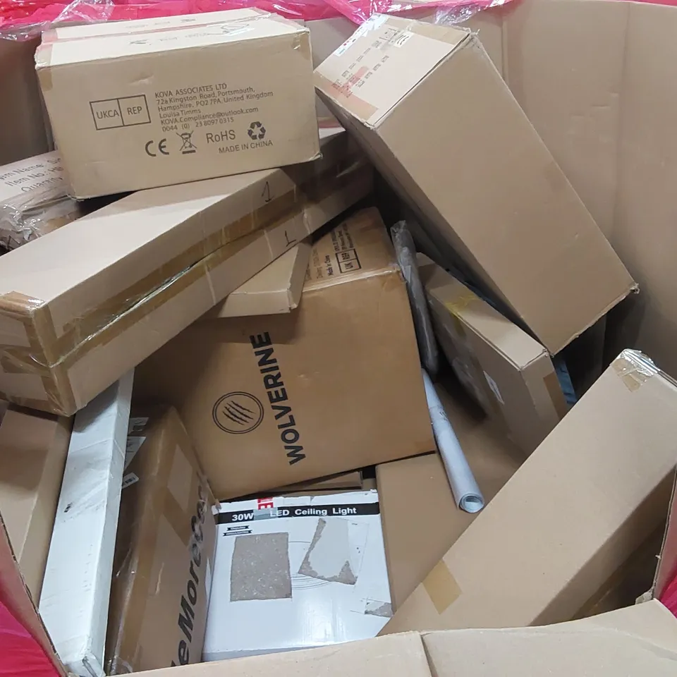 PALLET OF ASSORTED CONSUMER PRODUCTS TO INCLUDE: AIR FRYER, RICE COOKER, NEST OF TABLES, CEILING FAN, BALANCE SCOOTER, PORTABLE ICE BATH ECT