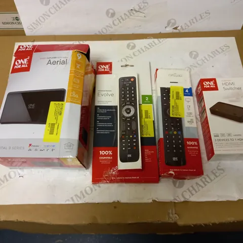 LOT OF APPROX. 4 ASSORTED ONE-FOR-ALL ITEMS TO INCLUDE AERIALS, REMOTES AND HDMI SPLITTER