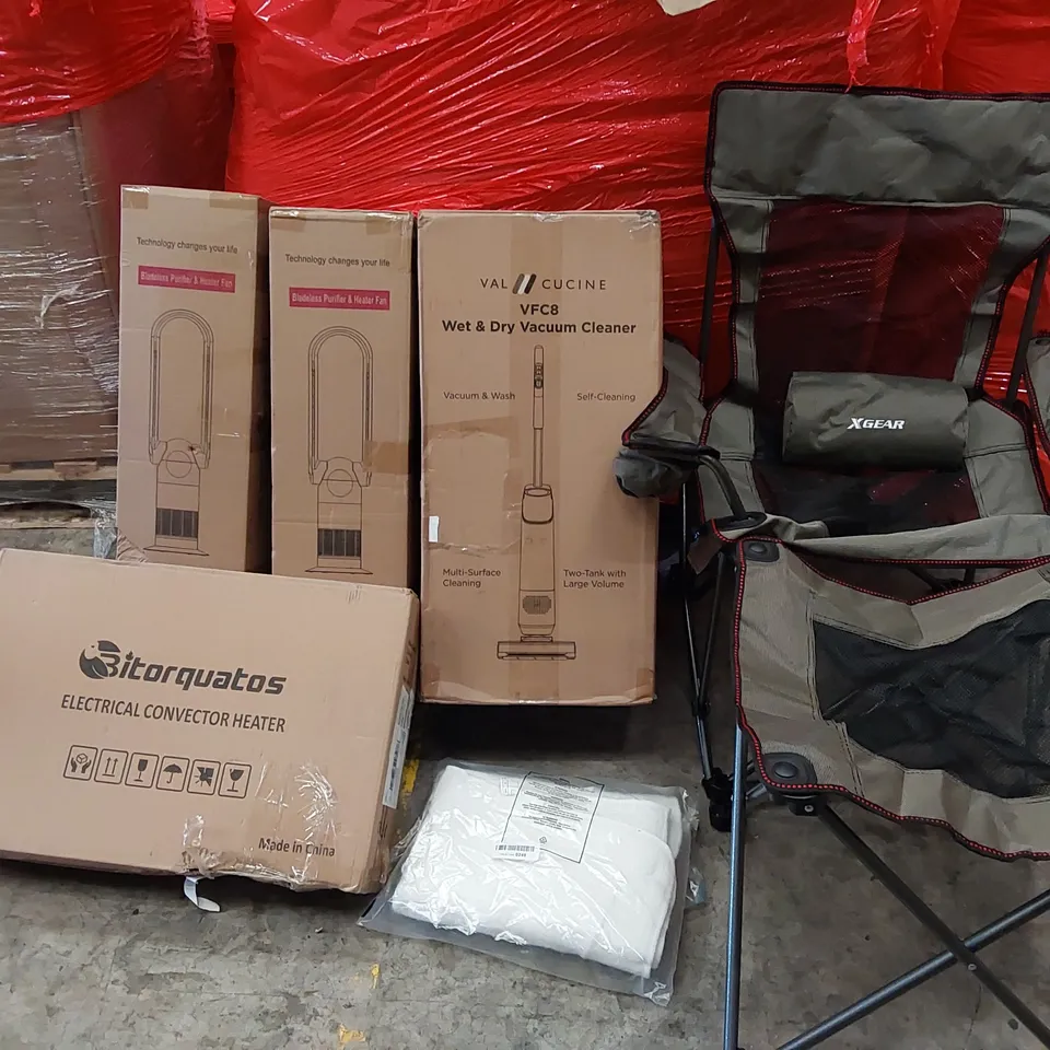 PALLET OF ASSORTED ITEMS INCLUDING: WET & DRY VACUUM CLEANER, BLAMELESS PURIFIER & HEATER FAN, ELECTRICAL CONVECTOR HEATER, ELECTRIC BLANKET, CAMPING CHAIR