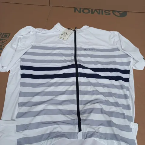 DECATHLON STRIPED ZIP-FRONT TOP, WHITE WITH GREY STRIPES β XL