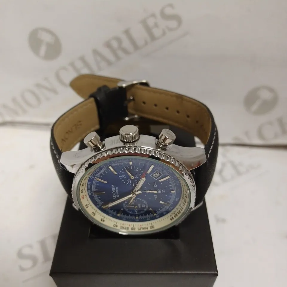 BOXED SEKONDA WATCH - JAPAN MOVEMENT - STAINLESS STEEL BACK - LEATHER STRAP - WATER RESISTANT 50M. 
