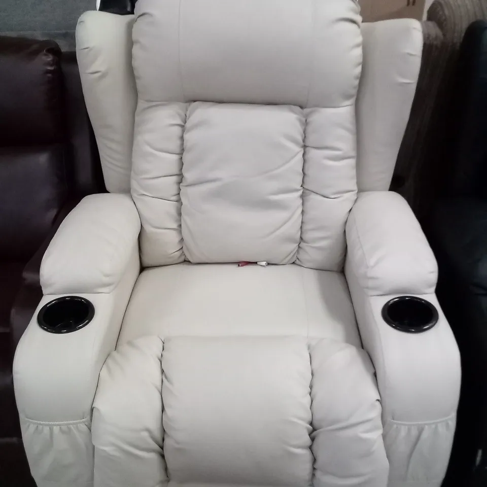 DESIGNER CREAM LEATHER MANUAL RECLINER CHAIR WITH CUP HOLDERS