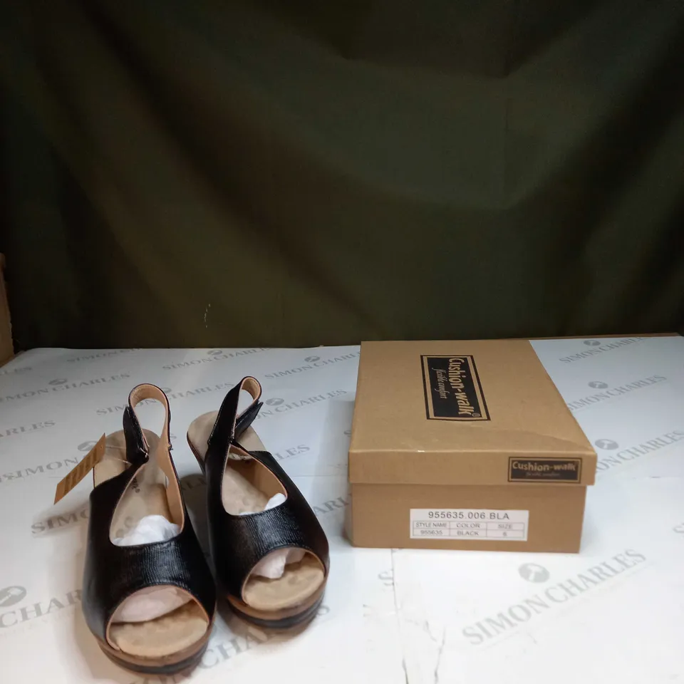 BOXED PAIR OF CUSHION WALK BLACK STRAPPY WEDGE HEELED SHOES - SIZE 6