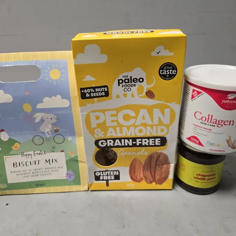 APPROXIMATELY 12 ASSORTED FOOD ITEMS TO INCLUDE - HAPPY EASTER BISCUIT MIX , CHILLI JAM ETC