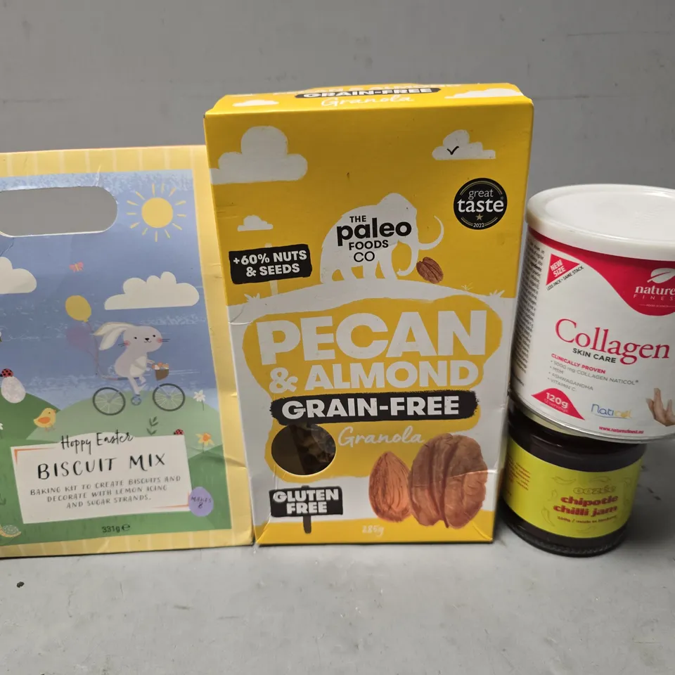 APPROXIMATELY 12 ASSORTED FOOD ITEMS TO INCLUDE - HAPPY EASTER BISCUIT MIX , CHILLI JAM ETC