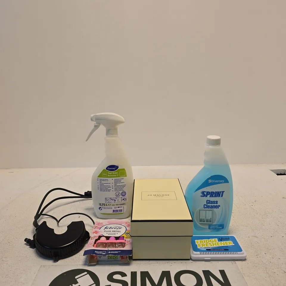 APPROXIMATELY 10 ASSORTED ITEMS INCLUDING A VIVID FRIDGE FRESHENER, DIVERSEY GLASS CLEANER AND JO MALONE DOG SHAMPOO