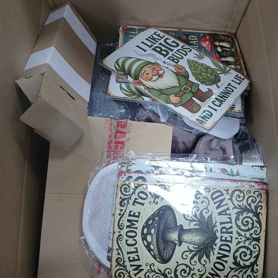 BOX OF APPROXIMATELY 20 ASSORTED ITEMS TO INCLUDE VARIOUS METAL SIGNS, SKY HUBS ETC