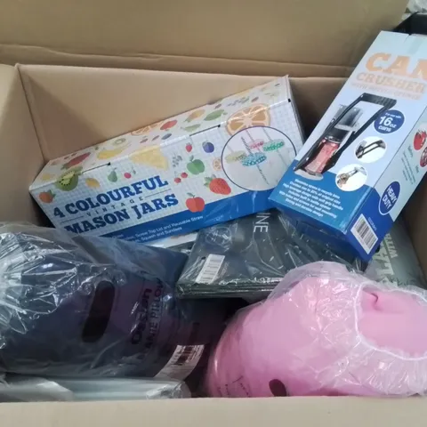BOX CONTAINING A LARGE QUANTITY OF BRAND NEW ASSORTED HOMEWARE PRODUCTS INCLUDING: COLOURFUL MASON JARS, CAN CRUSHER, BEANIE PILLOWS, PLANTERS ECT