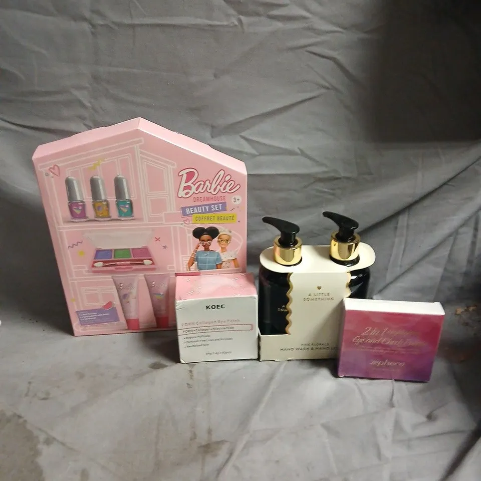 APPROXIMATEY 20 ASSORTED HEALTH AND BEAUTY PRODUCTS TO INCLUDE - BARBIE DREAMHOUSE BEAUTY SET - ZEPHOCO 2 IN 1 EYE AND CHEEK PALETTE AND KOEC PDRN COLLAGEN EYE PATCH