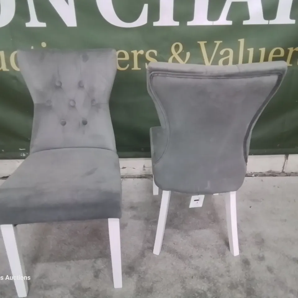 PAIR BEWLEY GREY VELVET BUTTONED BACK DINING CHAIRS WHITE LEGS