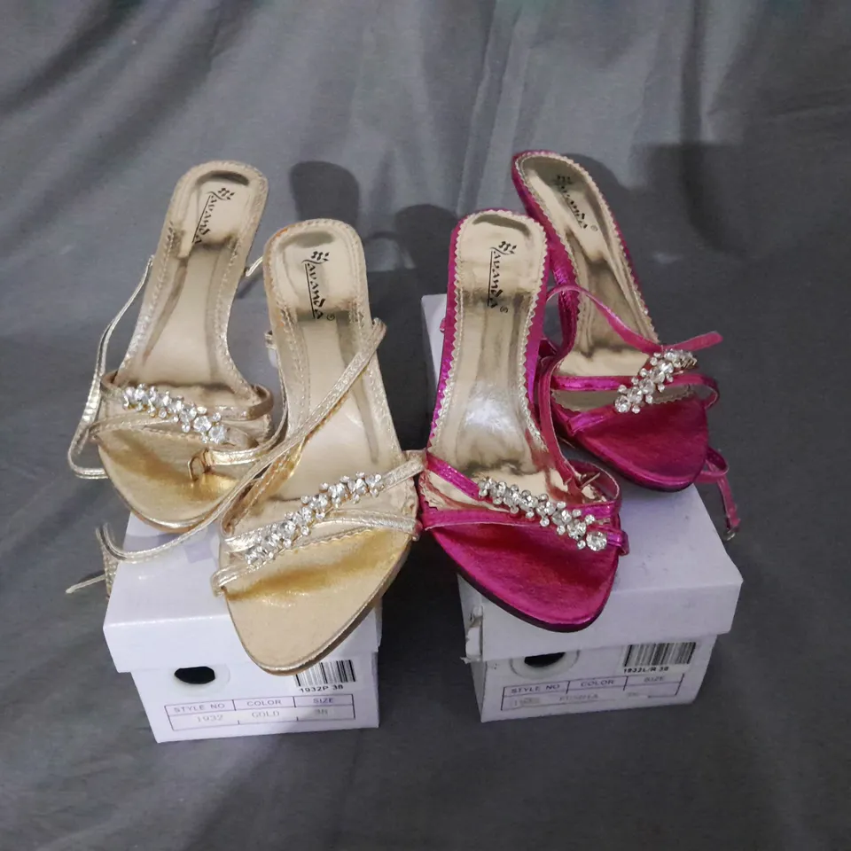 APPROXIMATELY 10 BOXED PAIRS OF FLAT LOW PROFILE HIGH HEELS 6 GOLD PAIRS 4 PINK PAIRS