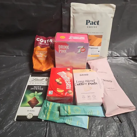 APPROXIMATELY 10 ASSORTED FOOD ITEMS TO INCLUDE - PACT COFFEE HOUSE ESPRESSO - MALTEASERS - COSTA SIGNATURE GROUND COFFEE - ETC
