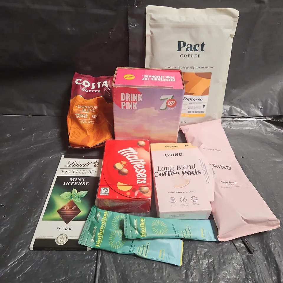 APPROXIMATELY 10 ASSORTED FOOD ITEMS TO INCLUDE - PACT COFFEE HOUSE ESPRESSO - MALTEASERS - COSTA SIGNATURE GROUND COFFEE - ETC
