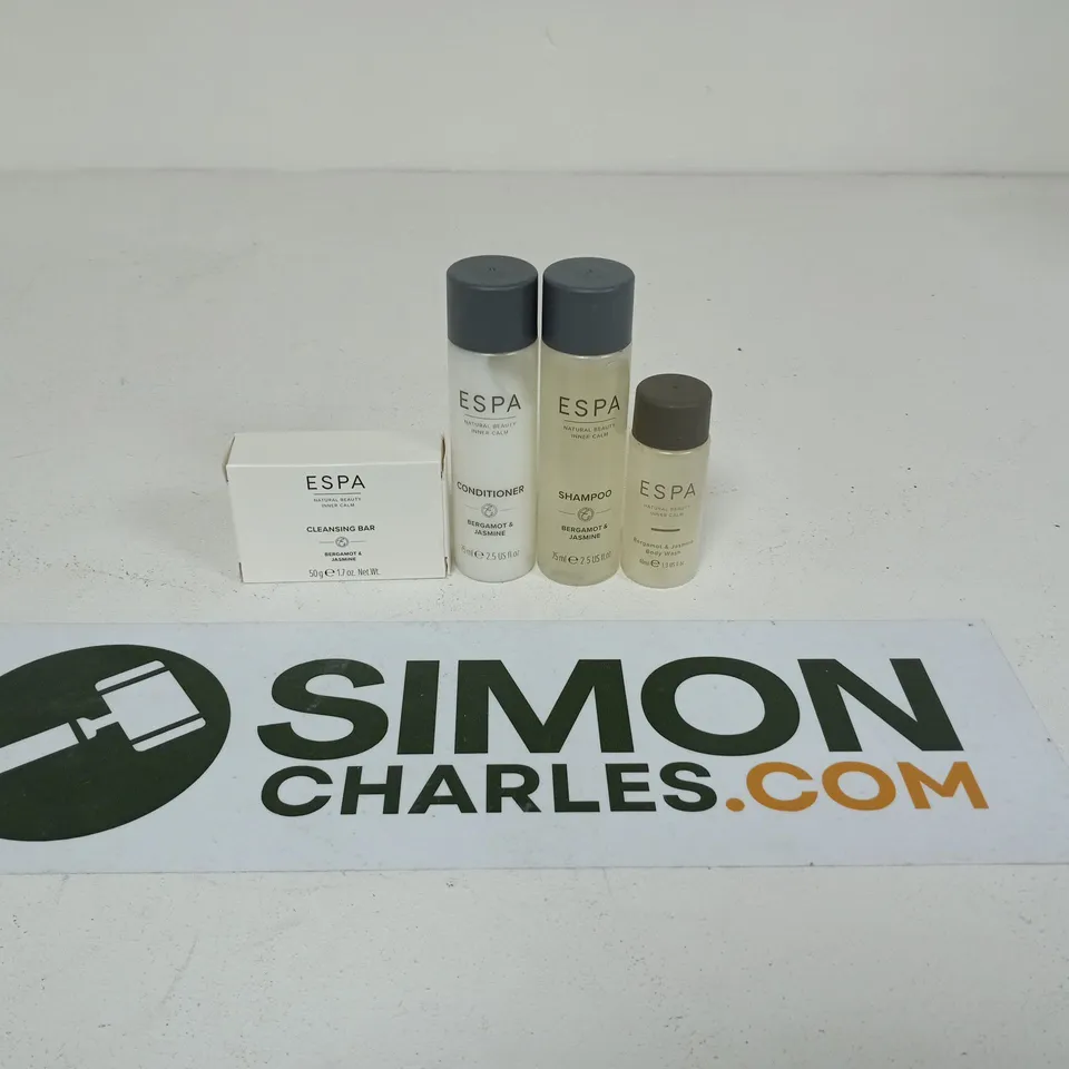 ESPA NATURAL BEAUTY TRAVEL SET: CLEANSING BAR, SHAMPOO, CONDITIONER & BODY WASH (BERGAMOT & JASMINE)