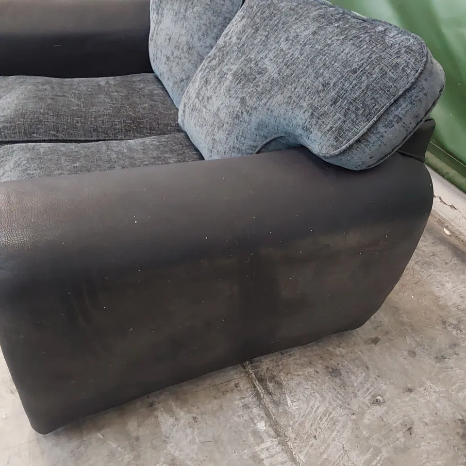 DESIGNER TWO SEATER SOFA BLACK FAUX LEATHER & CHARCOAL FABRIC 