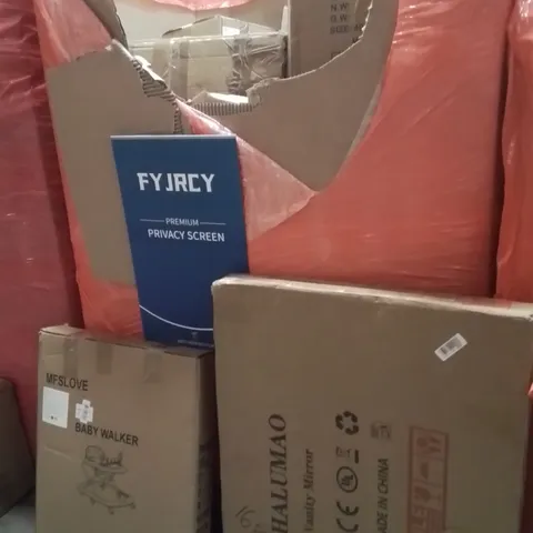 PALLET OF ASSORTED HOUSEHOLD GOODS AND PRODUCTS TO INCLUDE;VANITY MIRROR,BABY WALKER,PRIVACY SCREEN