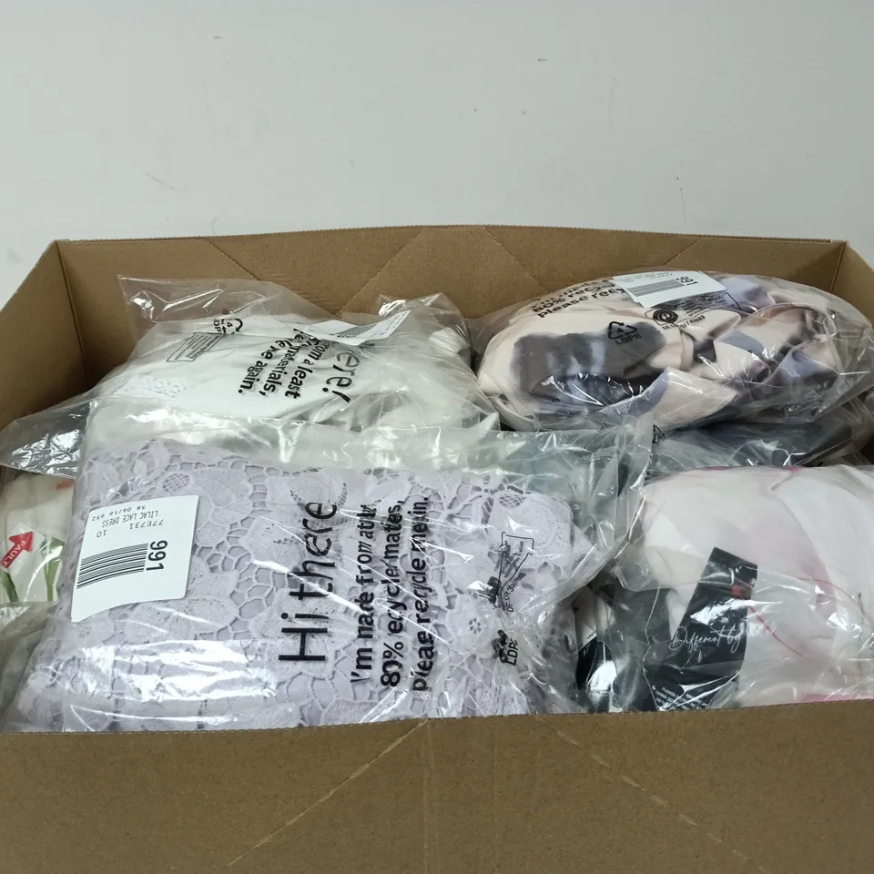 BOX OF APPROXIMATELY 20 ASSORTED CLOTHING ITEMS OF VARIOUS STYLES AND SIZES TO INCLUDE BUTTON DOWN LINEN DRESS, LILAC LACE DRESS, WIDE LEG TROUSERS ETC