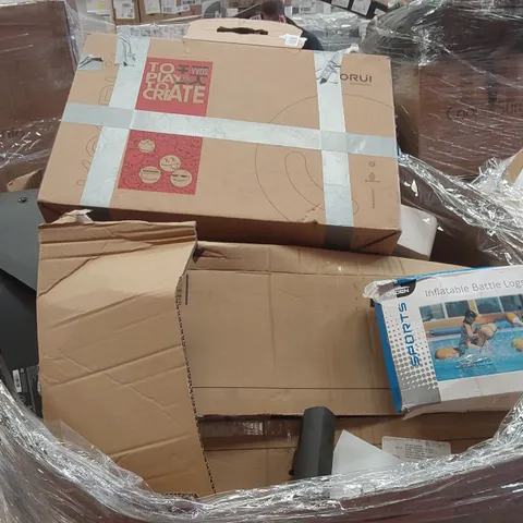 PALLET CONTAINING VARIOUS ASSORTED ITEMS TO INCLUDE: MONITORS, KETTLE, INFLATABLE POOL TOYS ECT