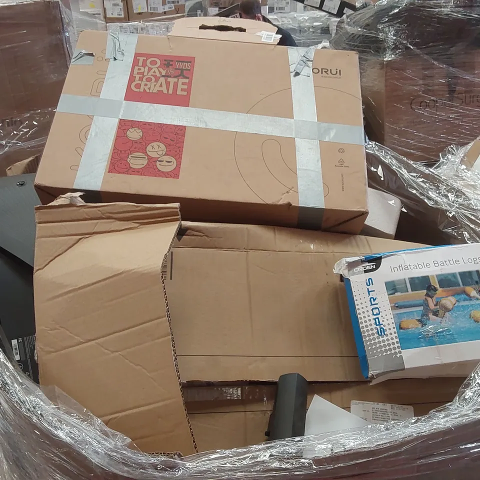 PALLET CONTAINING VARIOUS ASSORTED ITEMS TO INCLUDE: MONITORS, KETTLE, INFLATABLE POOL TOYS ECT