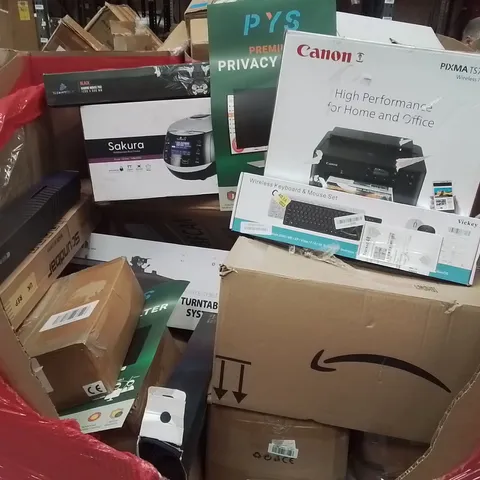 PALLET CONTAINING VARIOUS ASSORTED BOXED HOUSEHOLD ITEMS TO INCLUDE: GAMING MOUSE MATS, RICE COOKER, KEYBOARD AND MOUSE SET, CANON PRINTER AND LOTS MORE UNMARKED BOXED ITEMS