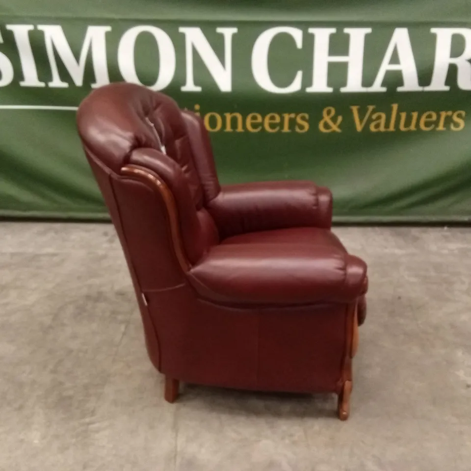 DESIGNER ITALIAN MADE BURGUNDY LEATHER & WOOD ARMCHAIR