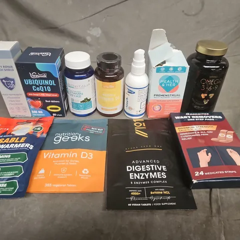 ASSORTED VITAMINS & DIETARY SUPPLEMENTS TO INCLUDE OMEGA , HAND WARMNERS AND NUTRITION GEEKS 