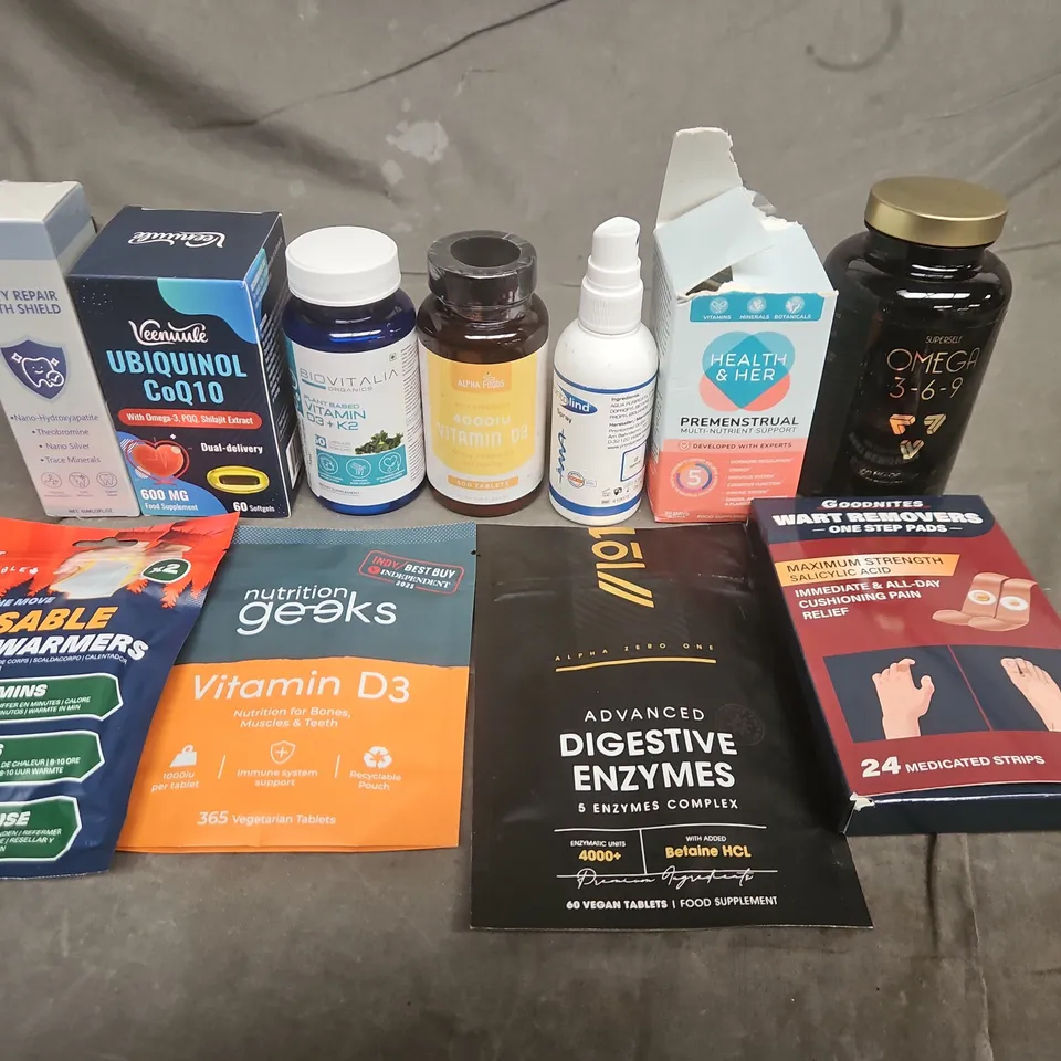 ASSORTED VITAMINS & DIETARY SUPPLEMENTS TO INCLUDE OMEGA , HAND WARMNERS AND NUTRITION GEEKS 
