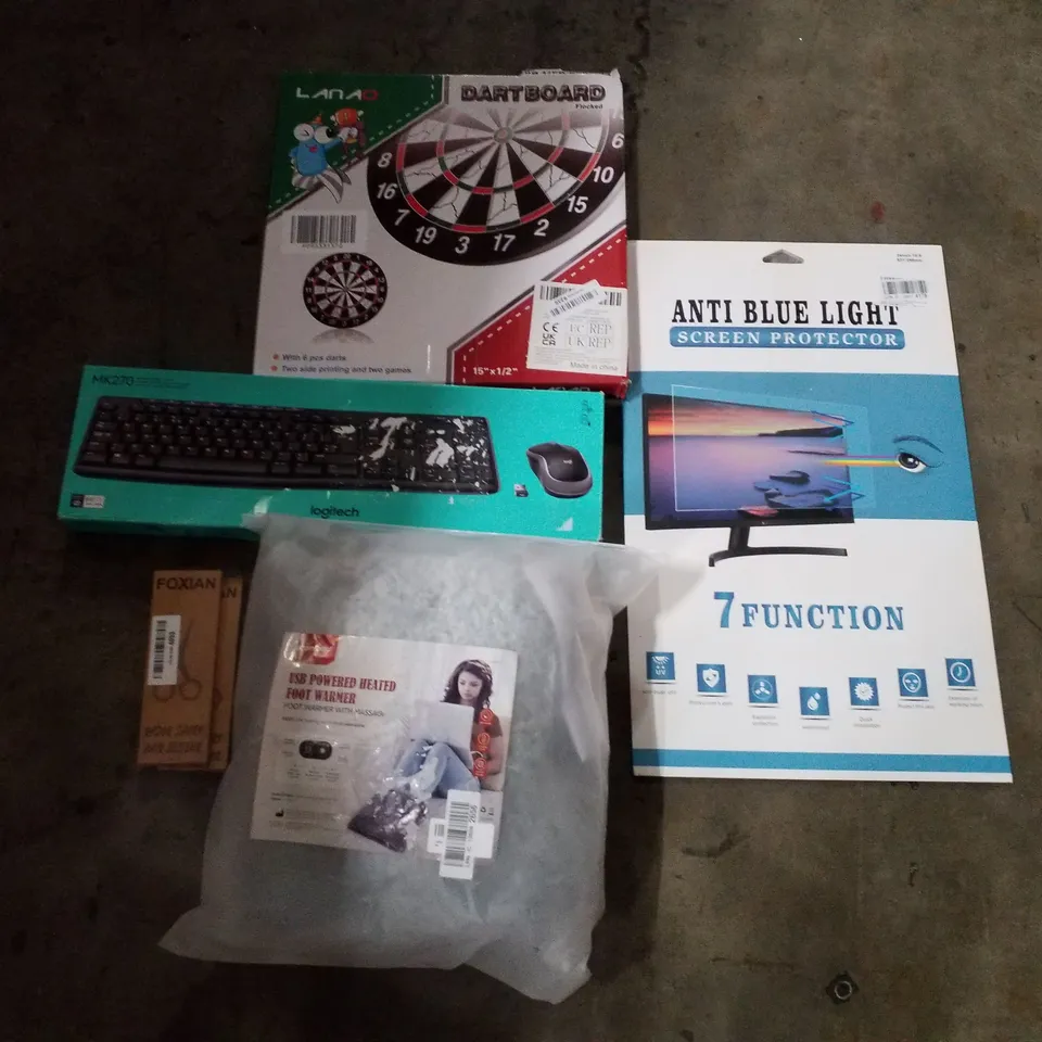 PALLET CONTAINING ASSORTED PRODUCTS INCLUDING ANTI BLUE LIGHT SCREEN PROTECTOR, HEATED FOOT WARMER, HAIR SCISSORS, DARTBOARD, KEYBOARD & MOUSE COMBO