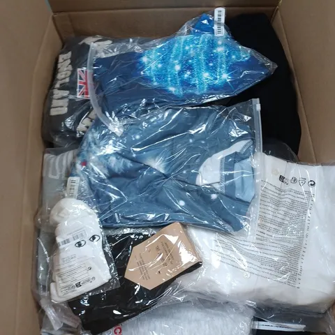 BOX OF APPROX. 25 ASSORTED CLOTHING VARYING IN SIZE/COLOUR/STYLE TO INCLUDE: TOPS, TROUSERS, JUMPERS