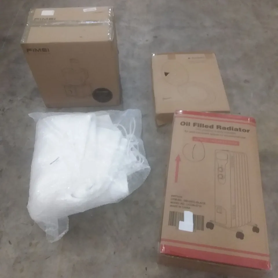 PALLET OF ASSORTED HOUSEHOLD PRODUCTS AND ITEMS, INCLUDING; INSECT ZAPPER, FOOD PROCESSOR, HEATED BLANKET, OIL FILLED RADIATOR, TOILET SEAT, BOXED FURNITURE ETC 