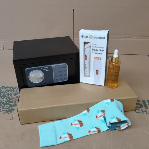 APPROXIMATELY 10 ASSORTED ITEMS TO INCLUDE SAFE, BLISS & BEYOND BODY HAIR TRIMMER, ROYALE HYDRATING AQUA OI, ETC