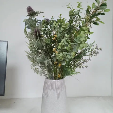 GREY CERAMIC VASE WITH ARTIFICIAL GREENERY ARRANGEMENT